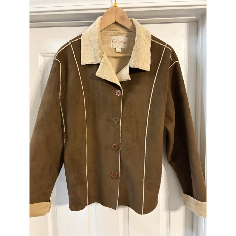 Vintage Calispia Faux Suede Sherpa Jacket Womens Large Brown Y2K Western
